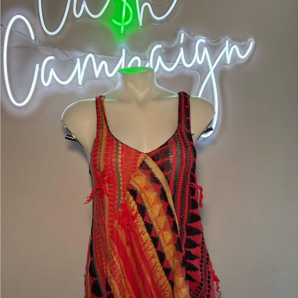 Free People Red and Orange Asymmetrical Embellished Tank Top boho